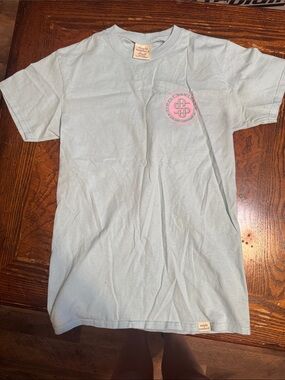 Simply Southern Pale Blue Short Sleeve Tee with Pink Chest Emblem